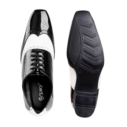 Men's Height Increasing Black and White Faux Leather Mafia Oxford Brogue Lace-Up Shoes
