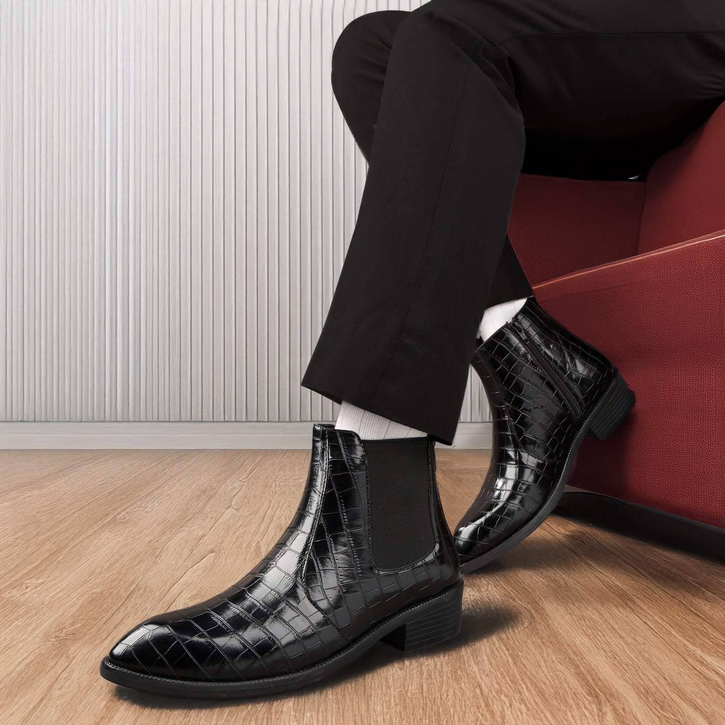Men’s Croc-Pattern Height-Boost Chelsea Boots – Step Taller, Look Sharper