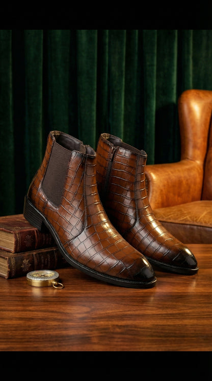 Men’s Designer Croc-Pattern Chelsea Boots – Premium Leather & Classic Style