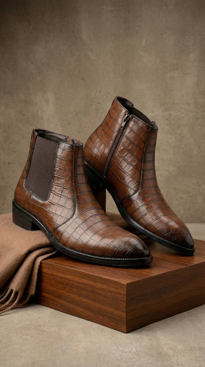 Men’s Designer Croc-Pattern Chelsea Boots – Premium Leather & Classic Style