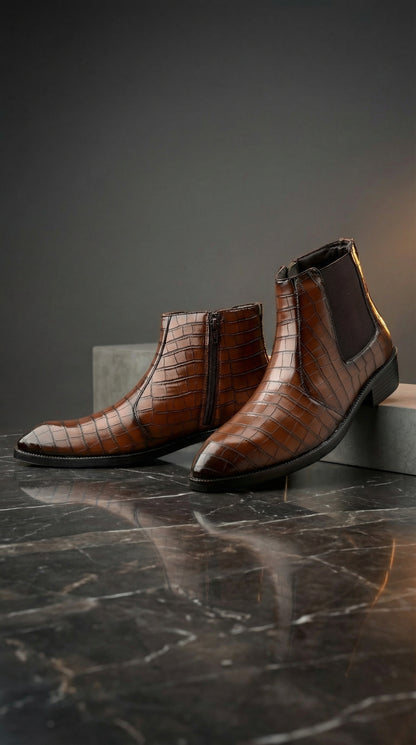 Men’s Designer Croc-Pattern Chelsea Boots – Premium Leather & Classic Style