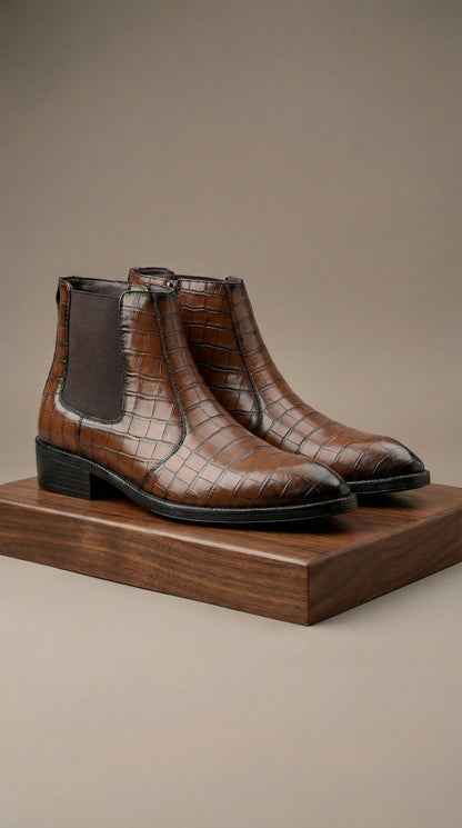 Men’s Designer Croc-Pattern Chelsea Boots – Premium Leather & Classic Style