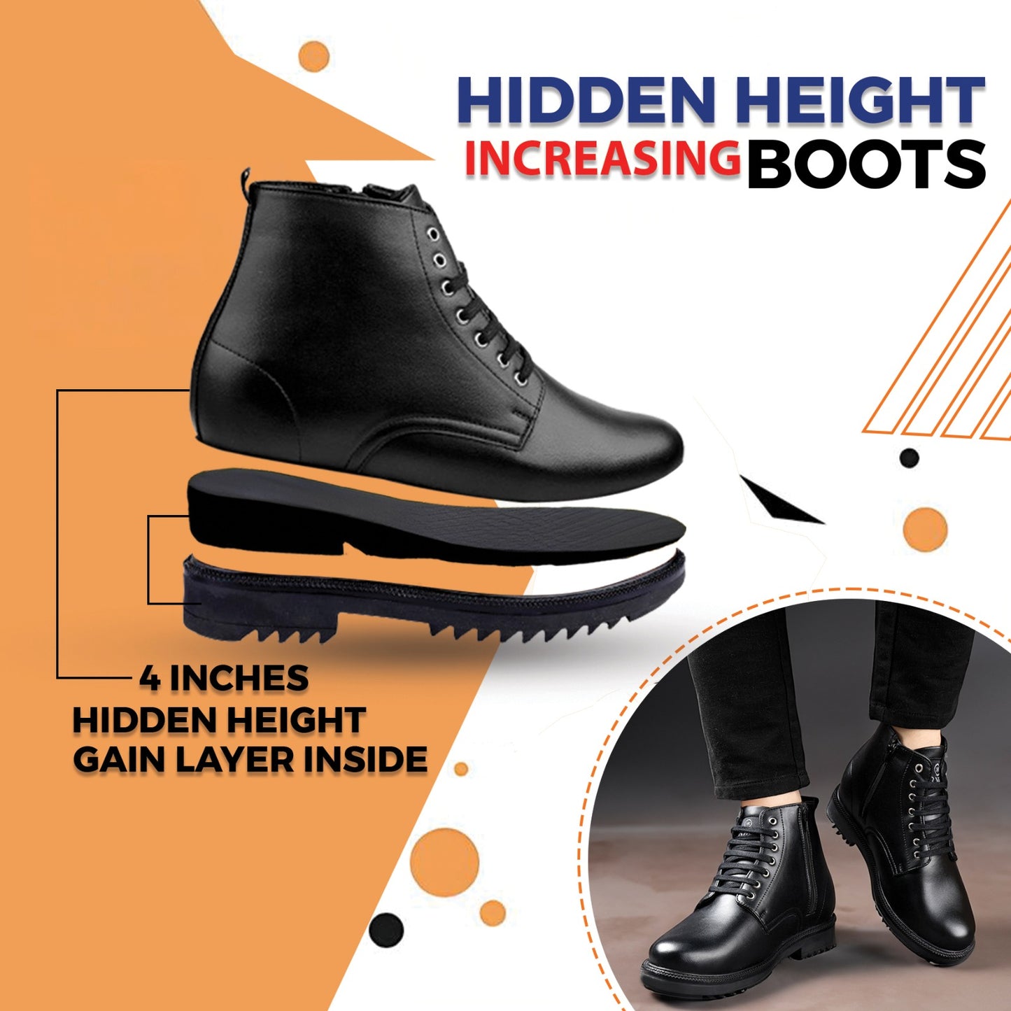 Men's 4 Inch Hidden Height Increasing Boot in TRP Sole