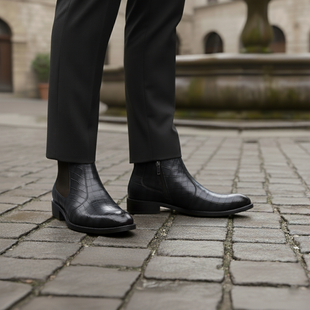 Men’s Designer Croc-Pattern Chelsea Boots – Premium Leather & Classic Style