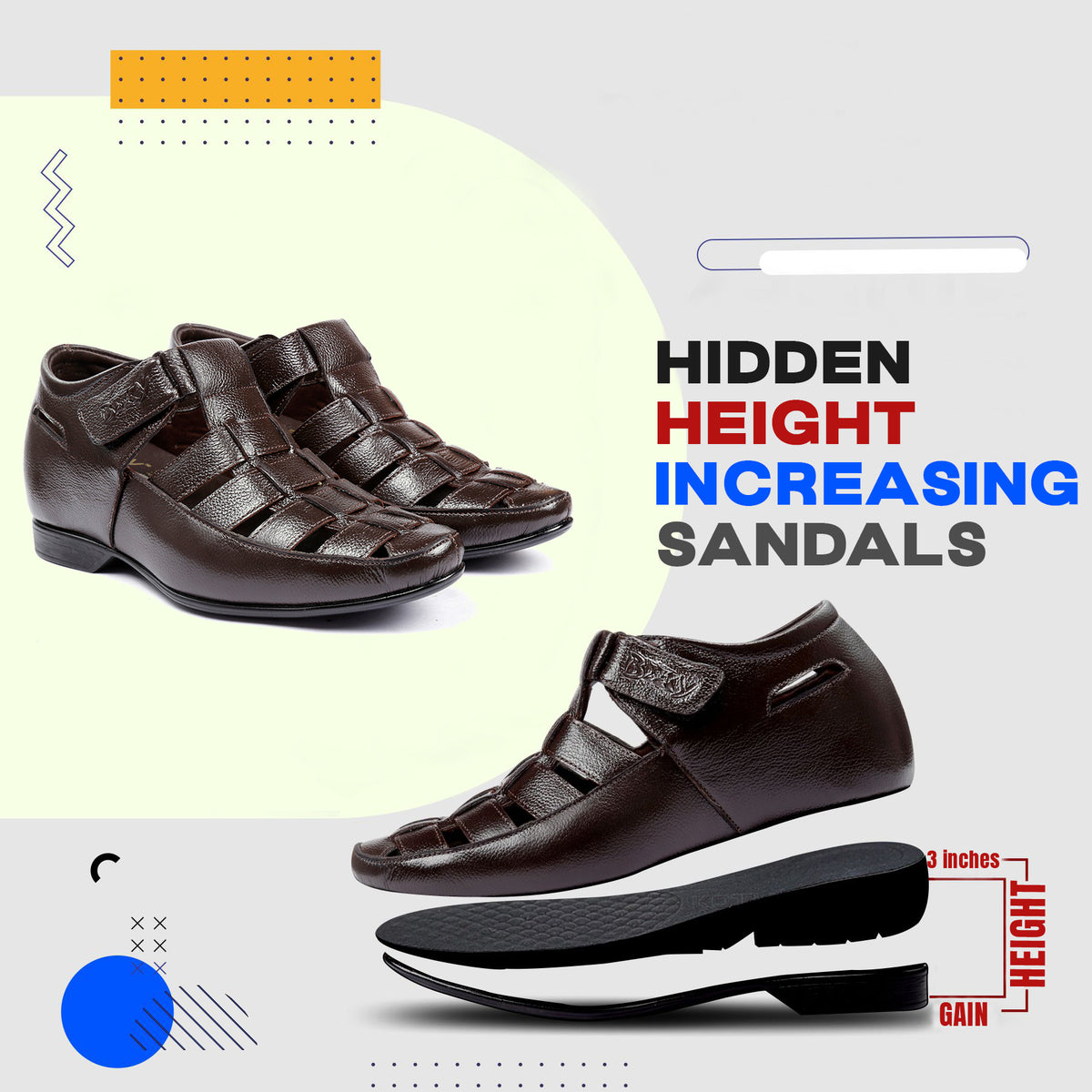 BXXY 3 Inches Height Increasing Casual Roman Sandals Instant Height Gainer shoe for Men