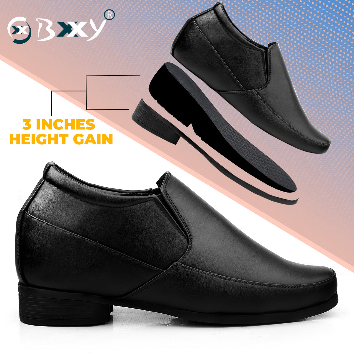 BXXY 3 Inch Hidden Height Increasing Dress Slip on Formal Faux Leather Shoes for Men