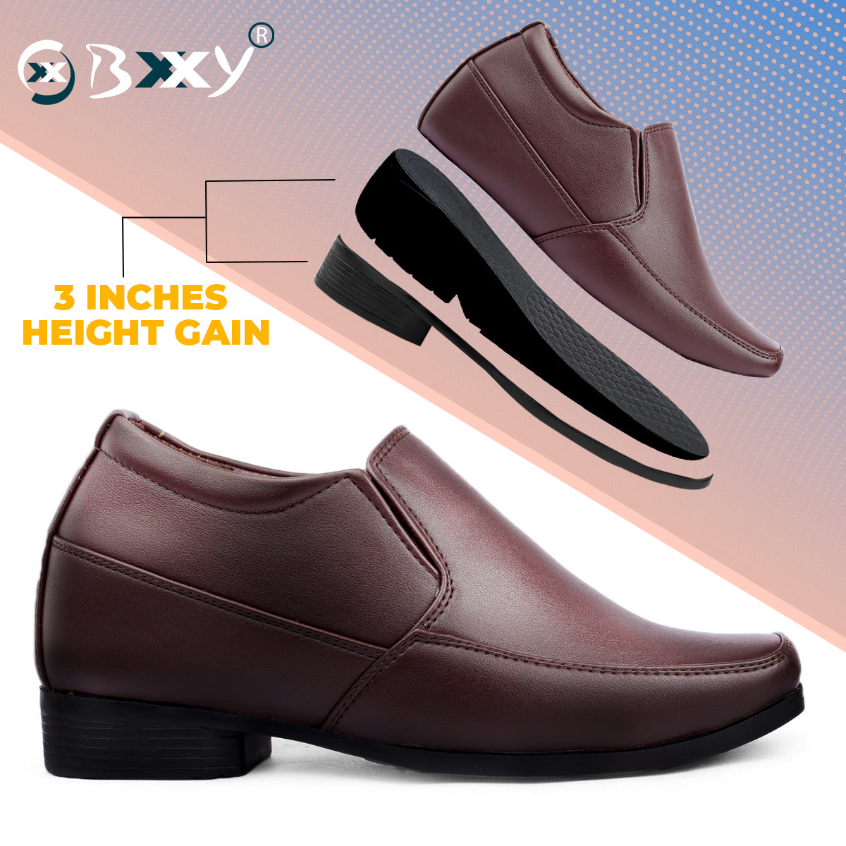 BXXY Mens 3 Inches Hidden Height Increasing Formal Wear Slipon Shoes