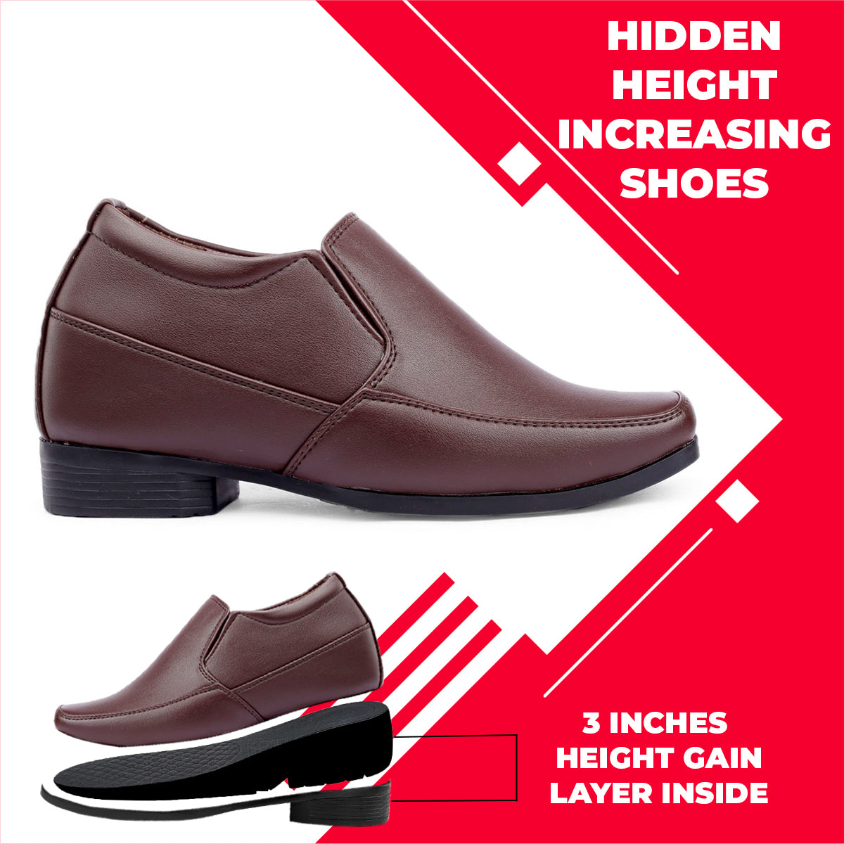 BXXY Mens 3 Inches Hidden Height Increasing Formal Wear Slipon Shoes