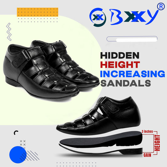 BXXY 3 Inch (7.6 cm) Height Increasing Casual Leather Roman Sandals for All Occasions (Instant 3 Inches Hidden Height Gainer)