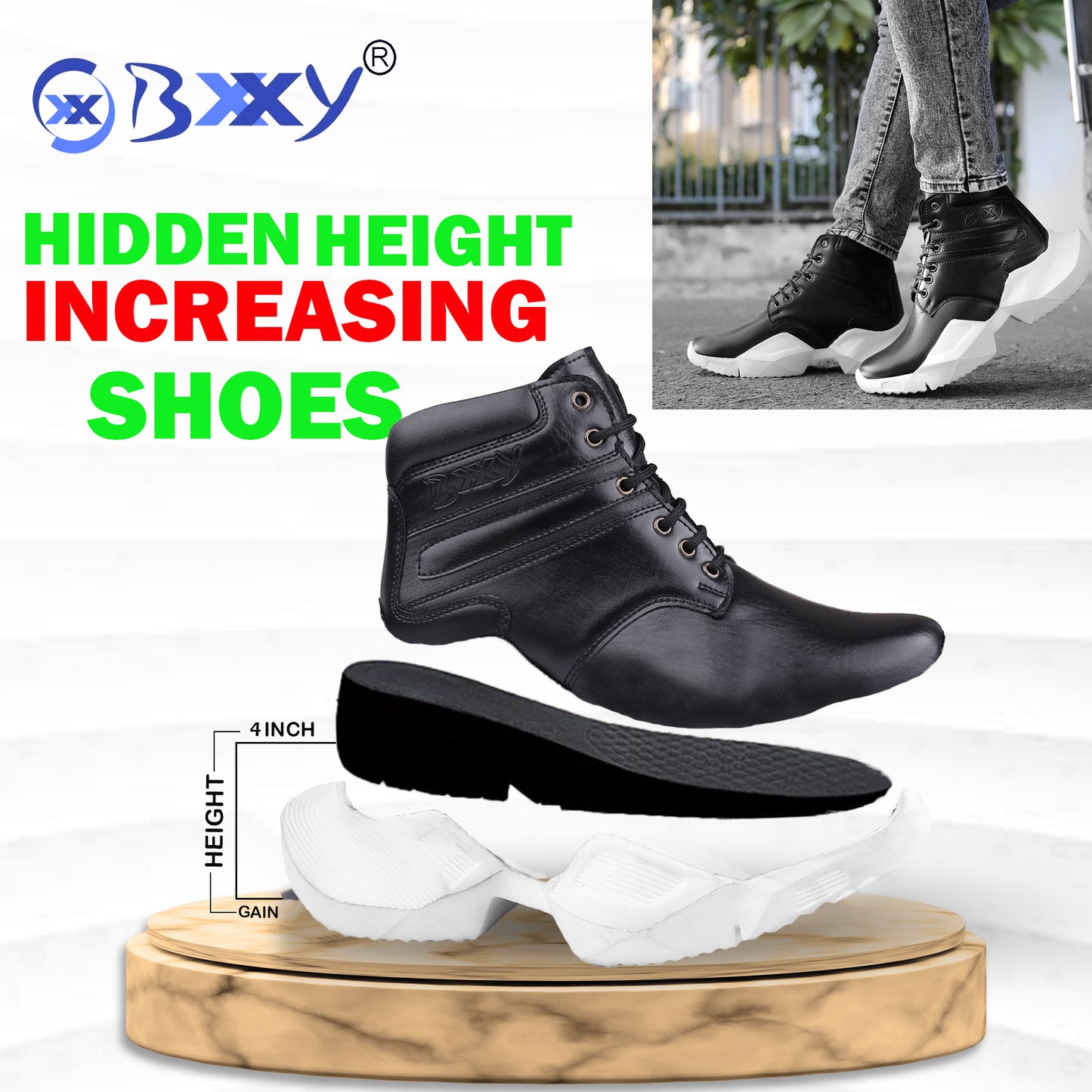 Bxxy Men's 4 Inch Hidden Height Increasing Faux Leather Casual Ankle Lace-Up Light Weight Shoes
