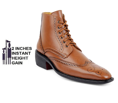 Bxxy's Men's Height Increasing Semi-Formal Cow Boy Ankle Zipper Lace-Up Brogue Boots