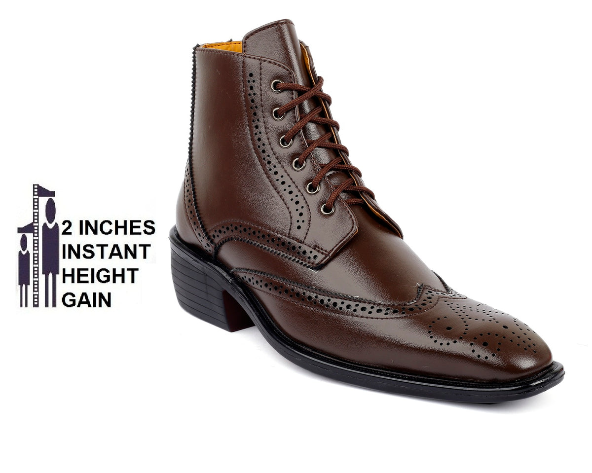 Bxxy's Men's Height Increasing Semi-Formal Cow Boy Ankle Zipper Lace-Up Brogue Boots