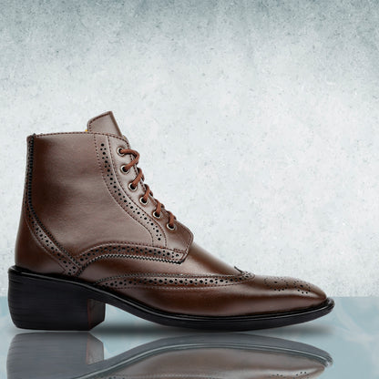 Bxxy's Men's Height Increasing Semi-Formal Cow Boy Ankle Zipper Lace-Up Brogue Boots