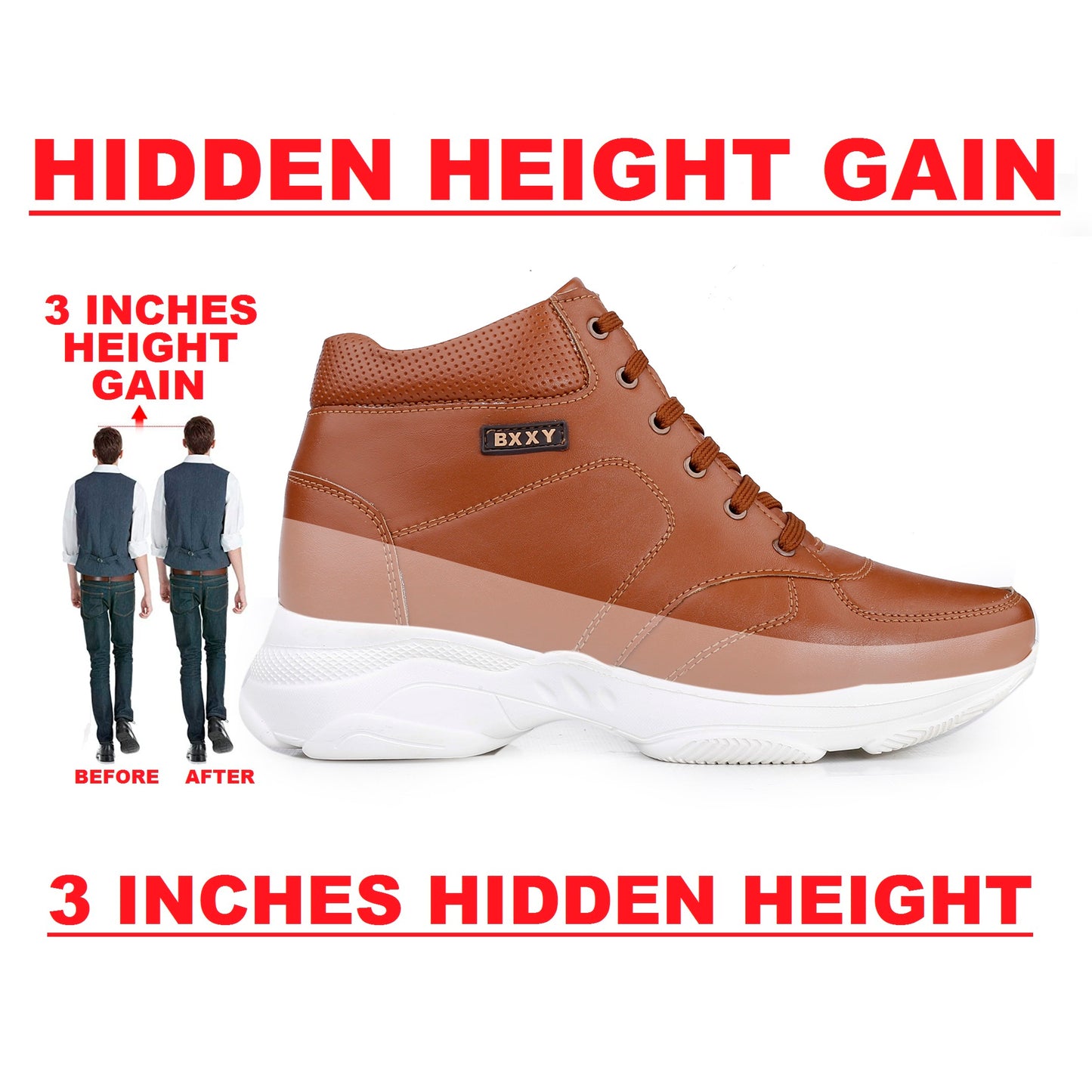 3 Inch Hidden Height Increasing Casual Outdoor Sneakers Boot in Eva Sole. Height Elevator Boots for Men