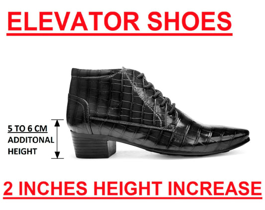 BXXY Men Height Increasing Faux Leather Material Formal Crocodile Style Lace-Up Boots on Cuban Sole